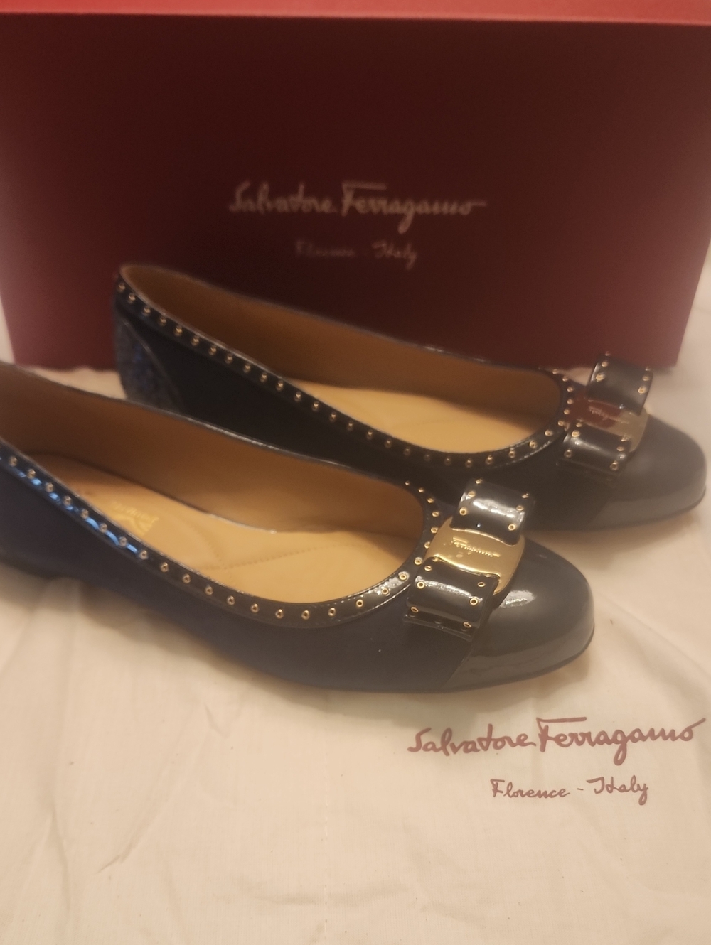Salvatore Ferragamo Navy Patent VARINAQ Studded Flats IN OXFORD BLUE SUEDE